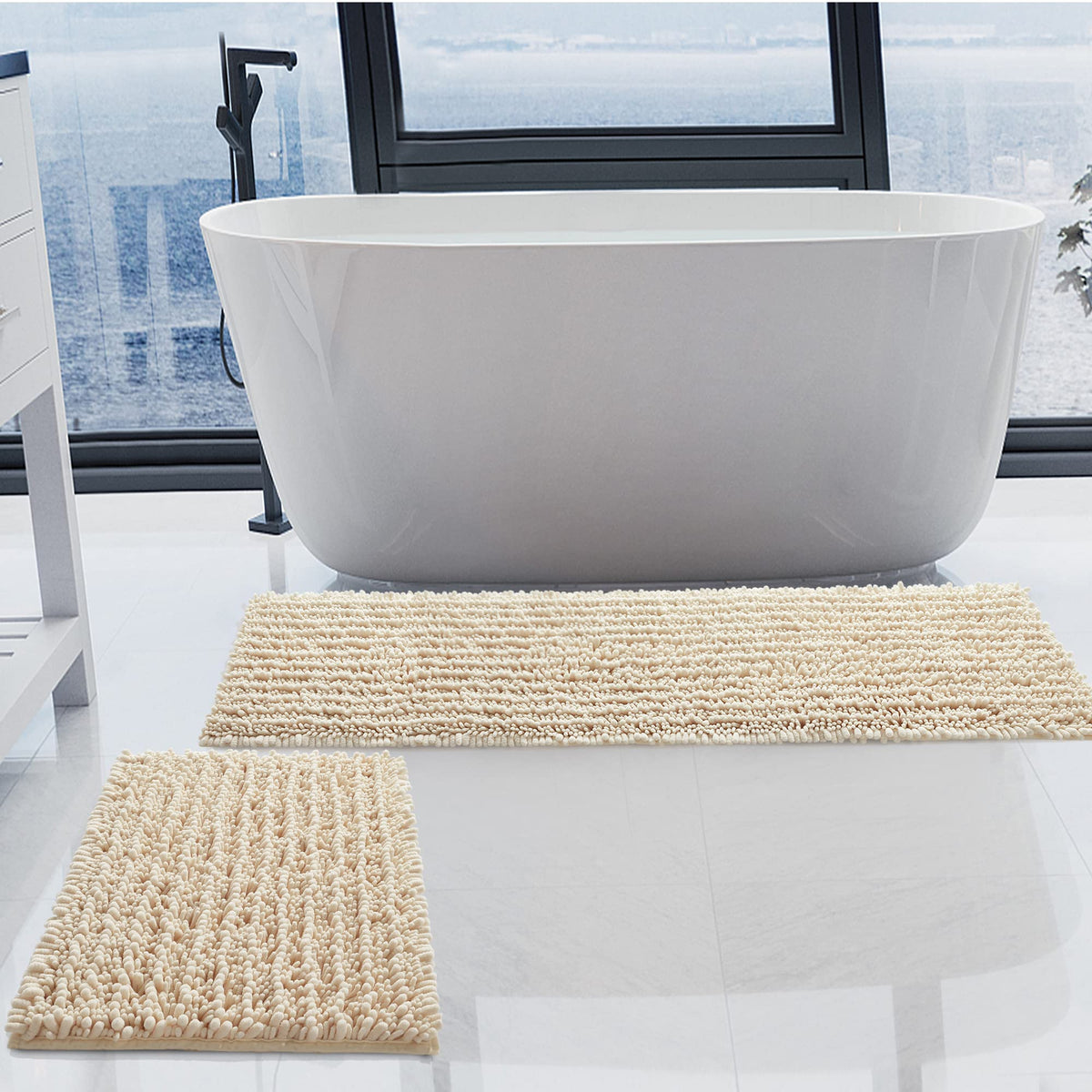 Luxury Chenille White Bathroom Rugs Sets 2 Piece, Thickened Hot Melt Rubber Bottom Bath Mats for Bathroom Non Slip,Bath Rugs Quick Dry Machine Washable for Shower Mat (32"x20"+17"x24")