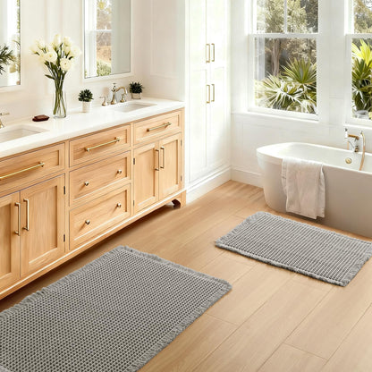 JIUZHEN Set of 2 Waffle Bath Mats Boho Bath Rugs 16"x24"+20"x32", Brown