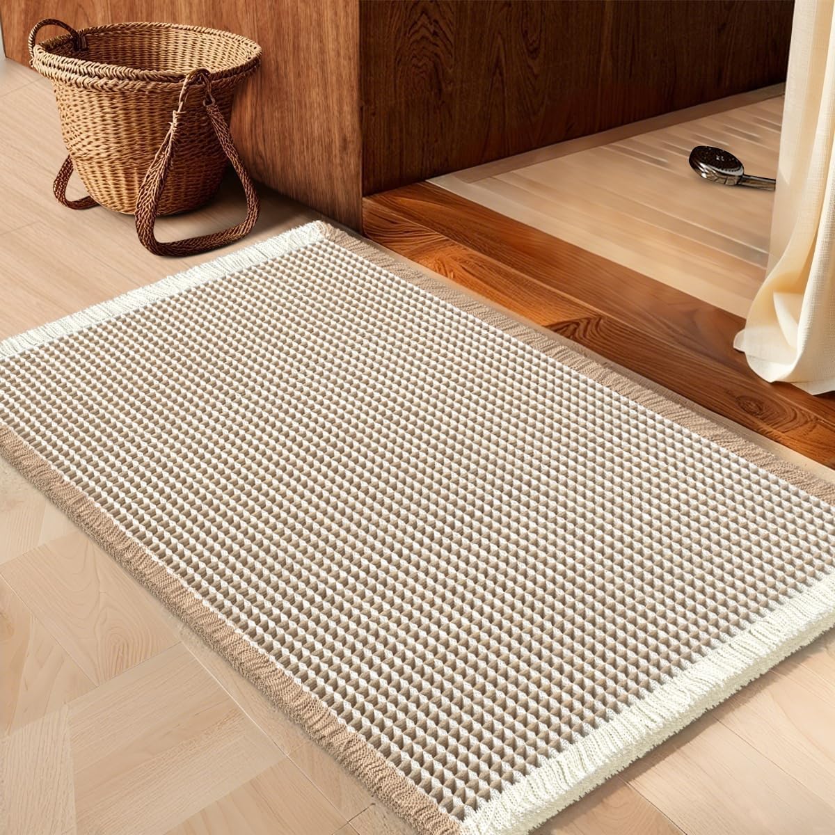 IM HOME Waffle Bath Mat Set 2 Piece Olive Green,Woven Modern Bath Rug Mats, Absorbent Non Slip Bath Floor Mat, Soft Washable Boho Bath Rugs with Tassels for Bathroom, Bedroom, Kitchen,Tub