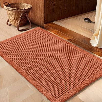 IM HOME Waffle Bath Mat Set 2 Piece Olive Green,Woven Modern Bath Rug Mats, Absorbent Non Slip Bath Floor Mat, Soft Washable Boho Bath Rugs with Tassels for Bathroom, Bedroom, Kitchen,Tub