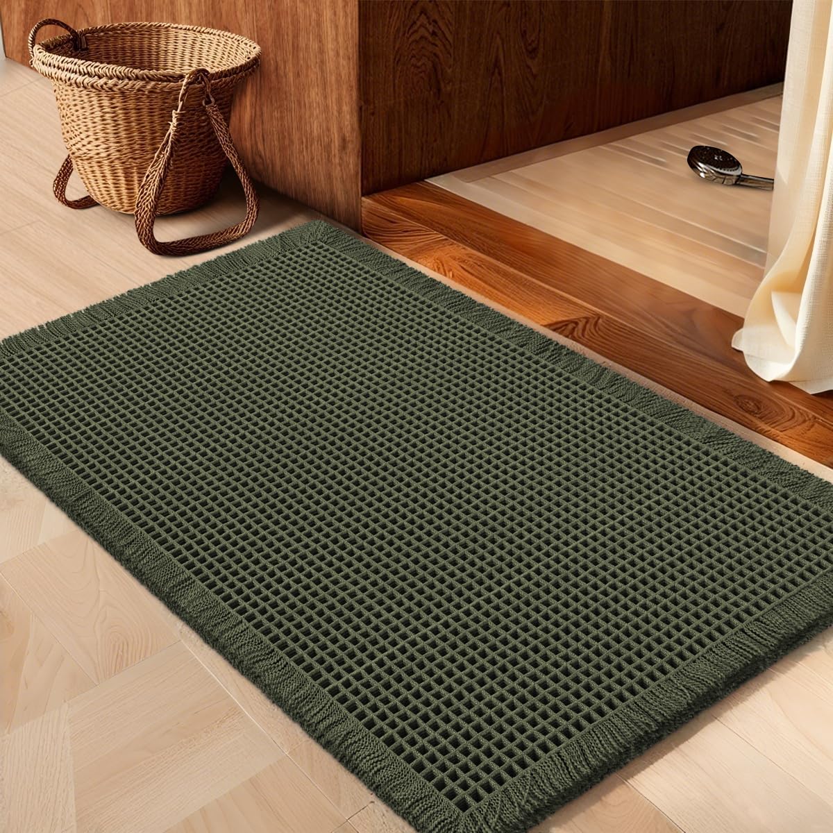 IM HOME Waffle Bath Mat Set 2 Piece Olive Green,Woven Modern Bath Rug Mats, Absorbent Non Slip Bath Floor Mat, Soft Washable Boho Bath Rugs with Tassels for Bathroom, Bedroom, Kitchen,Tub