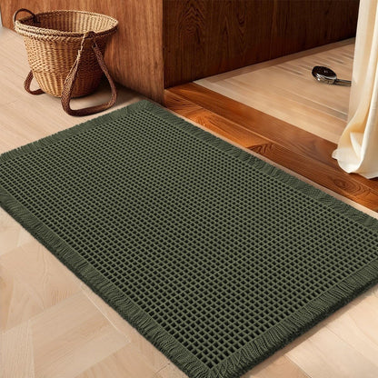 IM HOME Waffle Bath Mat Set 2 Piece Olive Green,Woven Modern Bath Rug Mats, Absorbent Non Slip Bath Floor Mat, Soft Washable Boho Bath Rugs with Tassels for Bathroom, Bedroom, Kitchen,Tub