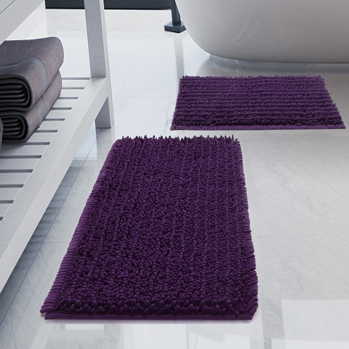 Luxury Chenille White Bathroom Rugs Sets 2 Piece, Thickened Hot Melt Rubber Bottom Bath Mats for Bathroom Non Slip,Bath Rugs Quick Dry Machine Washable for Shower Mat (32"x20"+17"x24")