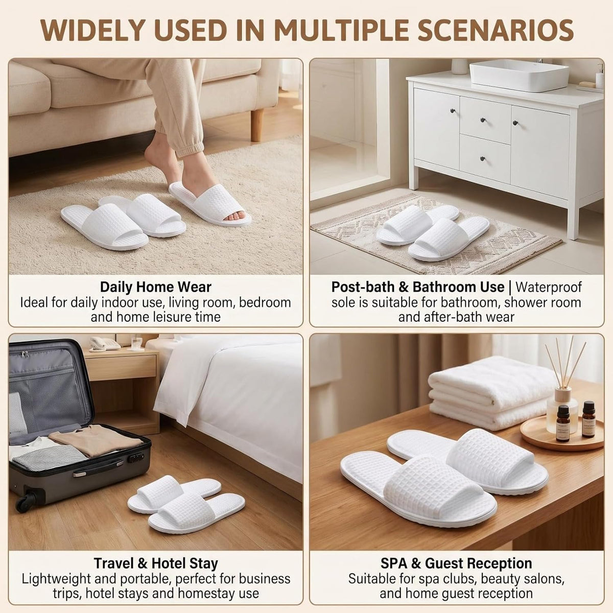 UPSTORE 2 Pairs Disposable Open Toe Spa Slippers, Non Slip House Hotel Slippers, Reusable Guest Footwear for Home Travel Bathroom Spa, Fits Men and Women