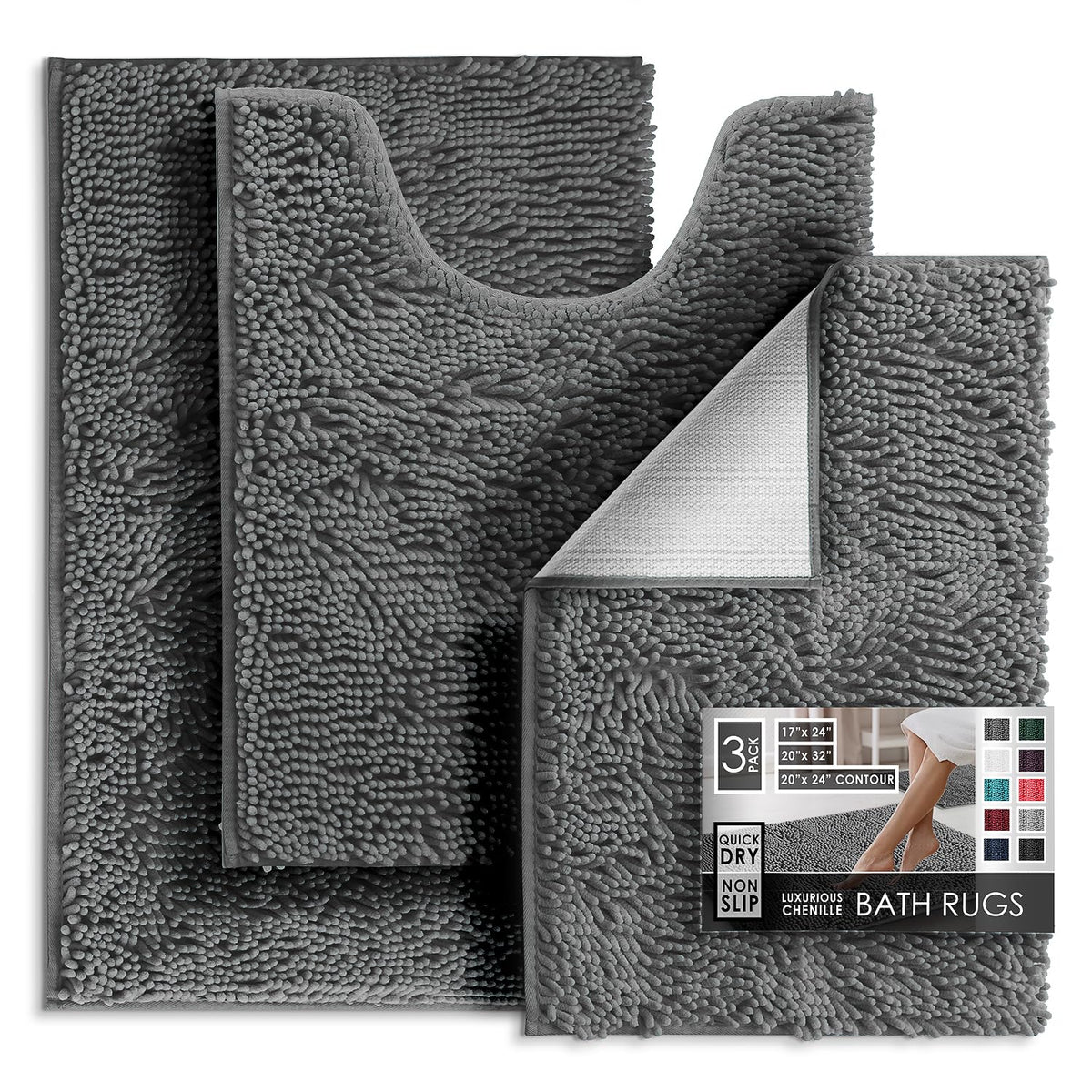 Hearth & Harbor Bathroom Rugs, Chenille Bath Mat - Machine Washable Bath Mats for Bathroom Non-Slip Backing Rubber, Quick Dry Bathroom Mat