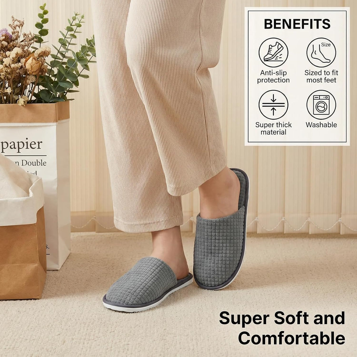 1-Pair Spa Slippers - Non Slip Slippers For Guest Women & Men -Washable & Reusable Guest Slipper for Indoor Hotel, Spa, Travel, Shoeless Home, House, Bedroom, Bride Slippers