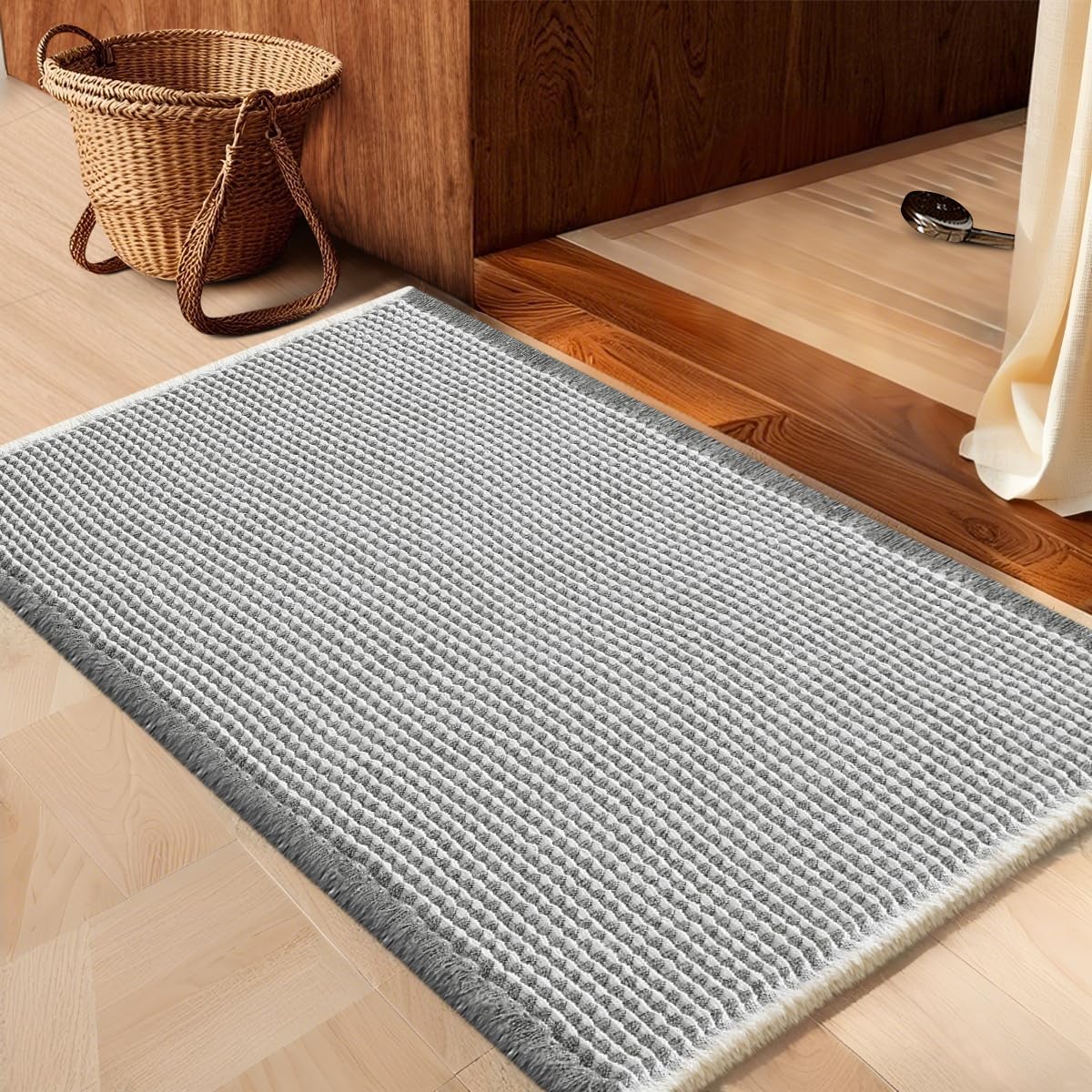 IM HOME Waffle Bath Mat Set 2 Piece Olive Green,Woven Modern Bath Rug Mats, Absorbent Non Slip Bath Floor Mat, Soft Washable Boho Bath Rugs with Tassels for Bathroom, Bedroom, Kitchen,Tub