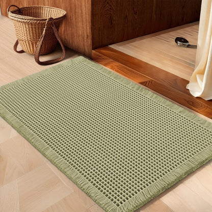 IM HOME Waffle Bath Mat Set 2 Piece Olive Green,Woven Modern Bath Rug Mats, Absorbent Non Slip Bath Floor Mat, Soft Washable Boho Bath Rugs with Tassels for Bathroom, Bedroom, Kitchen,Tub