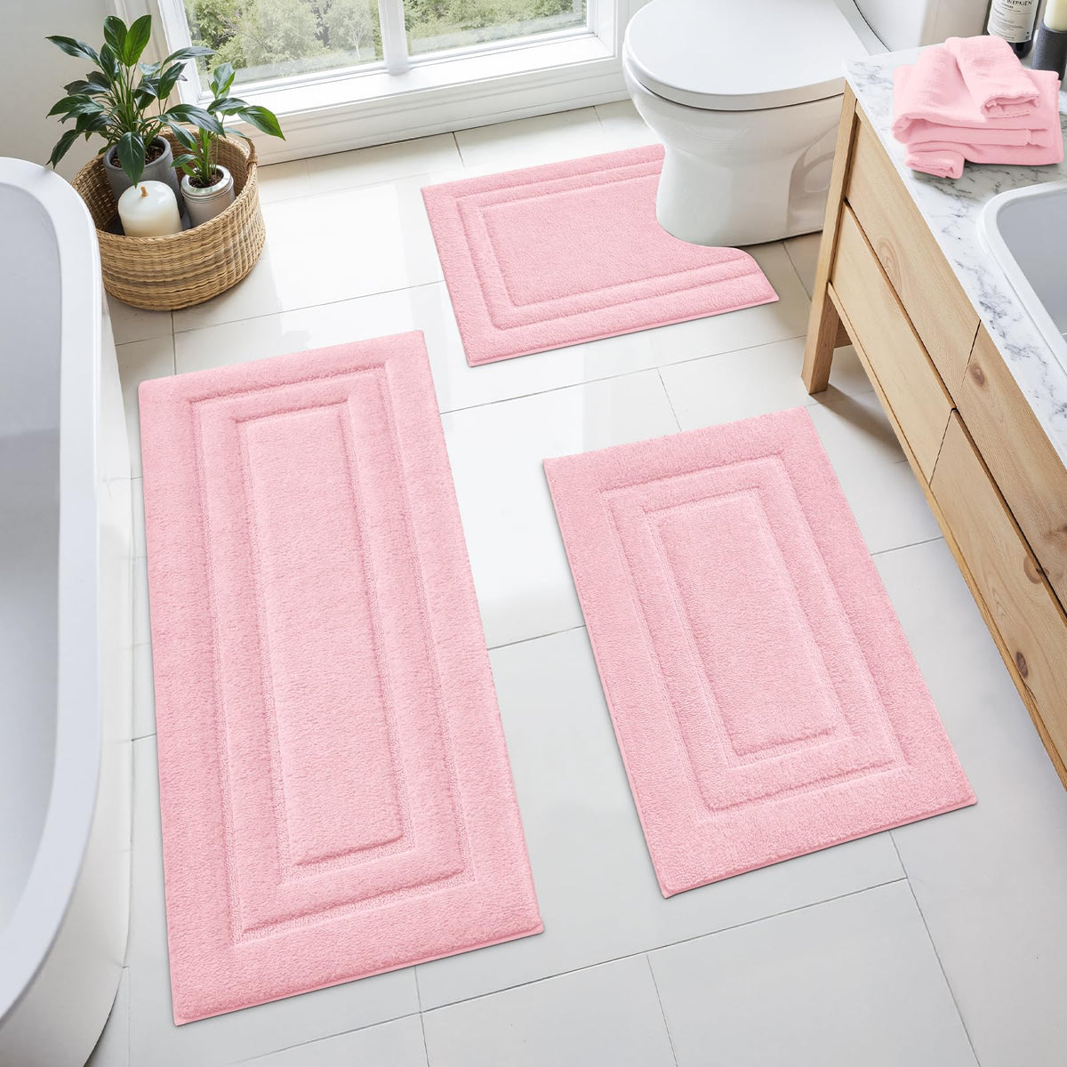 HOMEIDEAS Brown Bathroom Rugs Set of 3, Non Slip Bath Mats