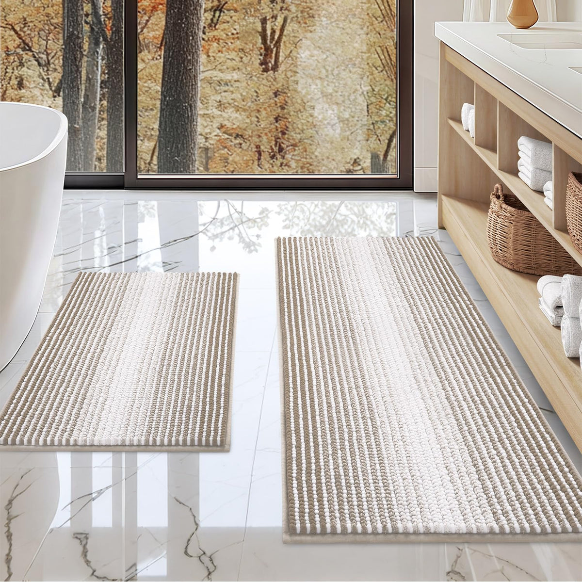 BSICPRO Bathroom Rugs Sets 2 Piece, Non Slip Striped Bath Mats, Sage