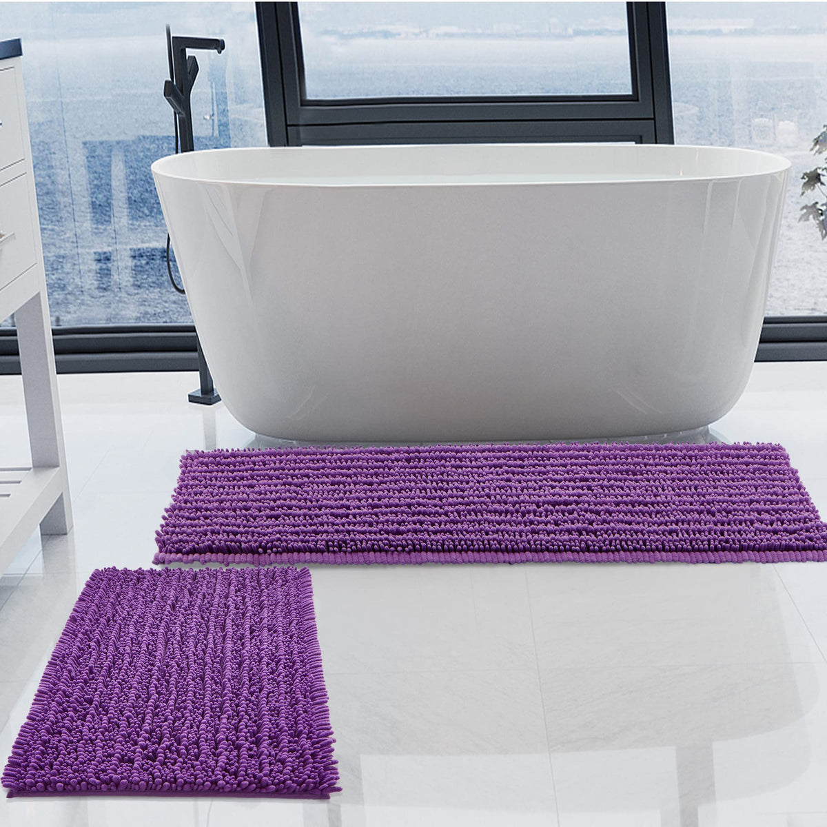 Luxury Chenille White Bathroom Rugs Sets 2 Piece, Thickened Hot Melt Rubber Bottom Bath Mats for Bathroom Non Slip,Bath Rugs Quick Dry Machine Washable for Shower Mat (32"x20"+17"x24")
