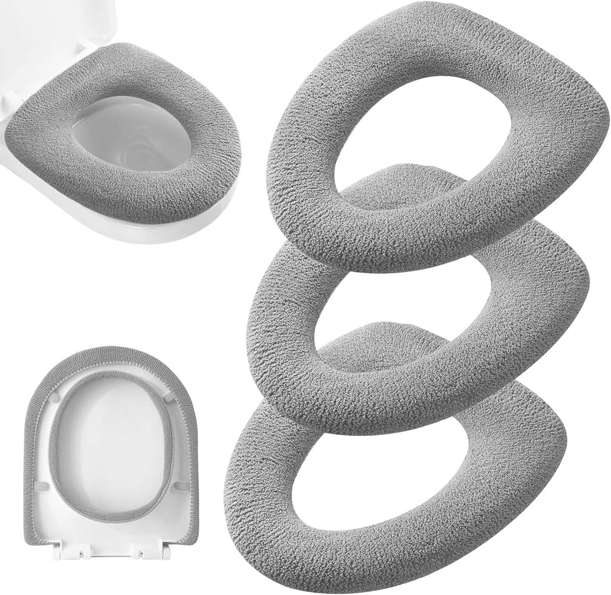 3Pcs/Pack Bathroom Soft Thicker Warmer Stretchable Washable Cloth Toilet Seat Cover Pads (Gray)