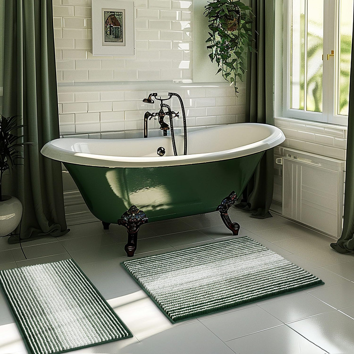 BSICPRO Bathroom Rugs Sets 2 Piece, Non Slip Striped Bath Mats, Sage
