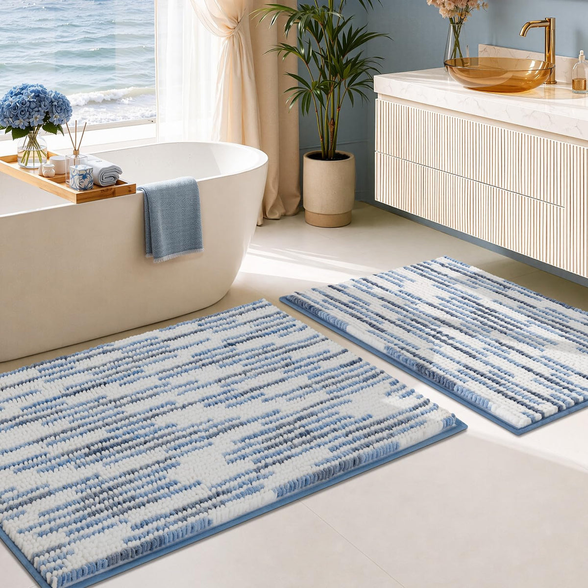 BSICPRO Bathroom Rugs Sets 2 Piece, Non Slip Striped Bath Mats, Sage