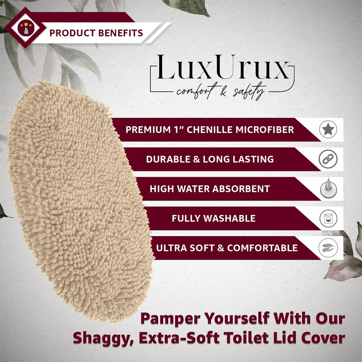LuxUrux Toilet Lid Cover with Stretch Fit Elastic Band – Chenille Microfiber Toilet Seat Non-Slip Cover for Bathroom – Soft Plush, Machine Wash And Dry, Comfort & Clean Look (18 x 18'', Birch)
