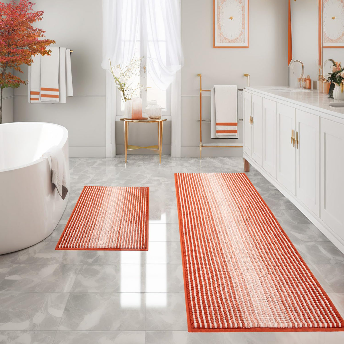 BSICPRO Bathroom Rugs Sets 2 Piece, Non Slip Striped Bath Mats, Sage
