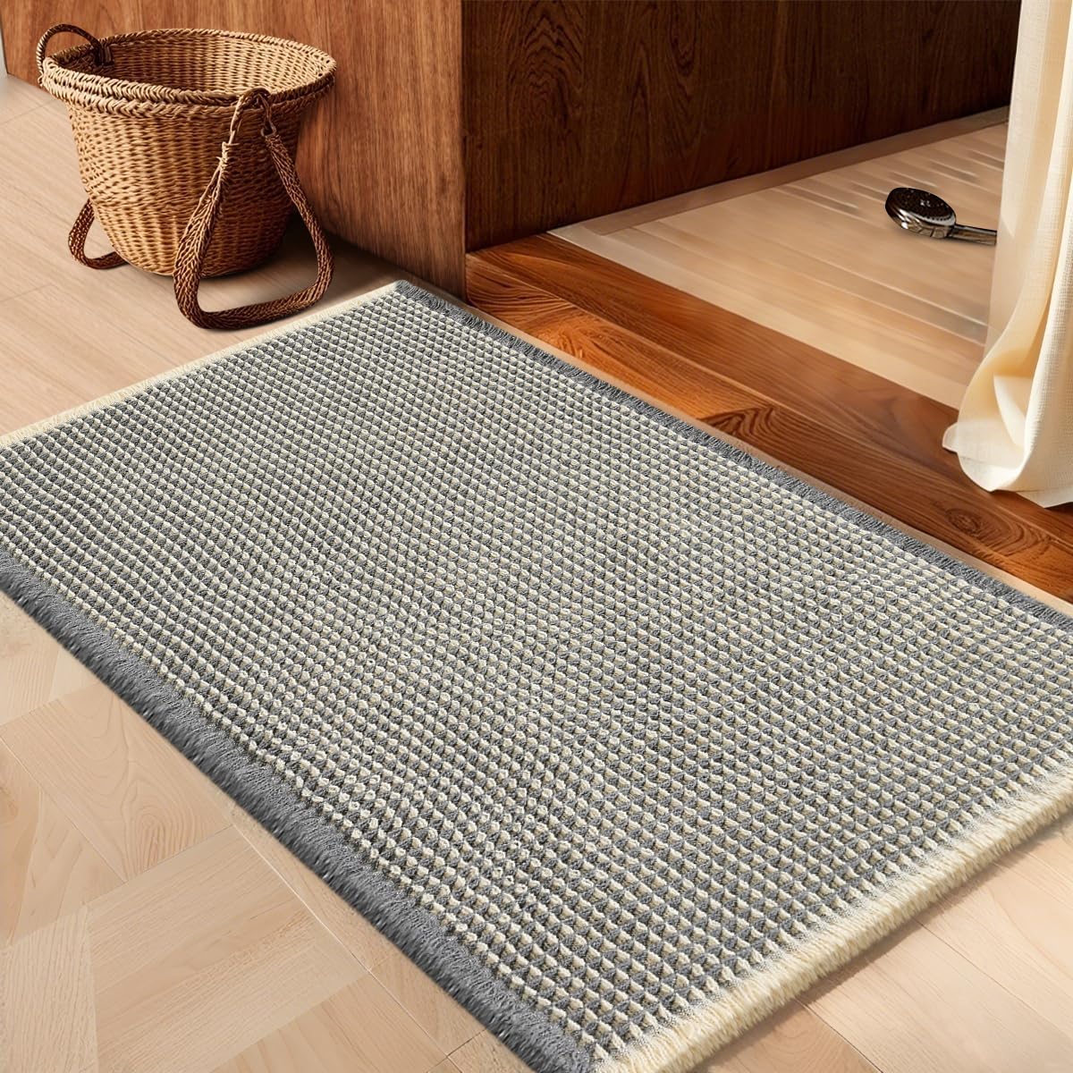 IM HOME Waffle Bath Mat Set 2 Piece Olive Green,Woven Modern Bath Rug Mats, Absorbent Non Slip Bath Floor Mat, Soft Washable Boho Bath Rugs with Tassels for Bathroom, Bedroom, Kitchen,Tub