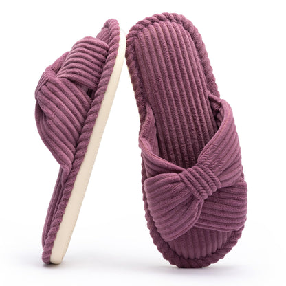 Chantomoo Slippers for Women Memory Foam House Womens Slipper Slides Home Bedroom Bathroom Spa Open Toe Corduroy Bow Slippers Cozy Comfortable