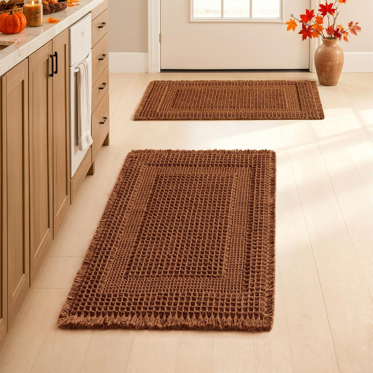 MIULEE Set of 2 Waffle Bathroom Rugs Brown Boho Bath Mat 17x24+18x30 in