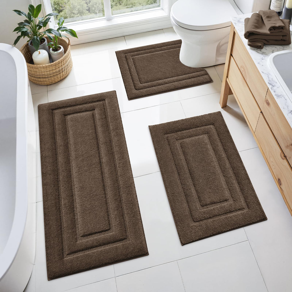 HOMEIDEAS Brown Bathroom Rugs Set of 3, Non Slip Bath Mats