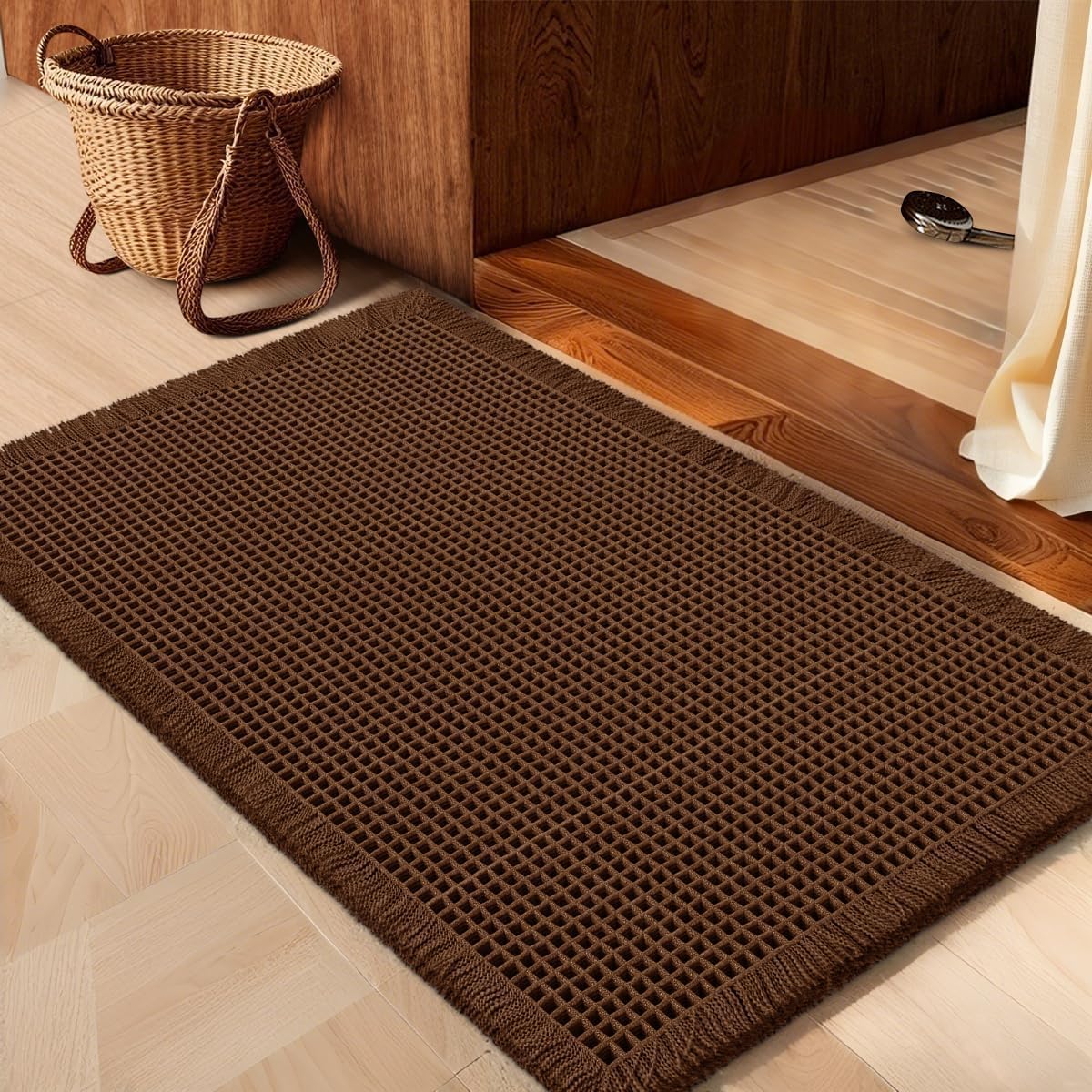 IM HOME Waffle Bath Mat Set 2 Piece Olive Green,Woven Modern Bath Rug Mats, Absorbent Non Slip Bath Floor Mat, Soft Washable Boho Bath Rugs with Tassels for Bathroom, Bedroom, Kitchen,Tub