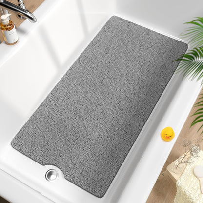 HITSLAM Non Slip Bathtub Mat 40 x 16 Inch, Extra Long Bath Mat for Tub, Soft PVC Loofah Shower Floor Mat with Drain, Quick Drying Bathroom Tub Mat for Wet Area, Without Suction Cup, Grey