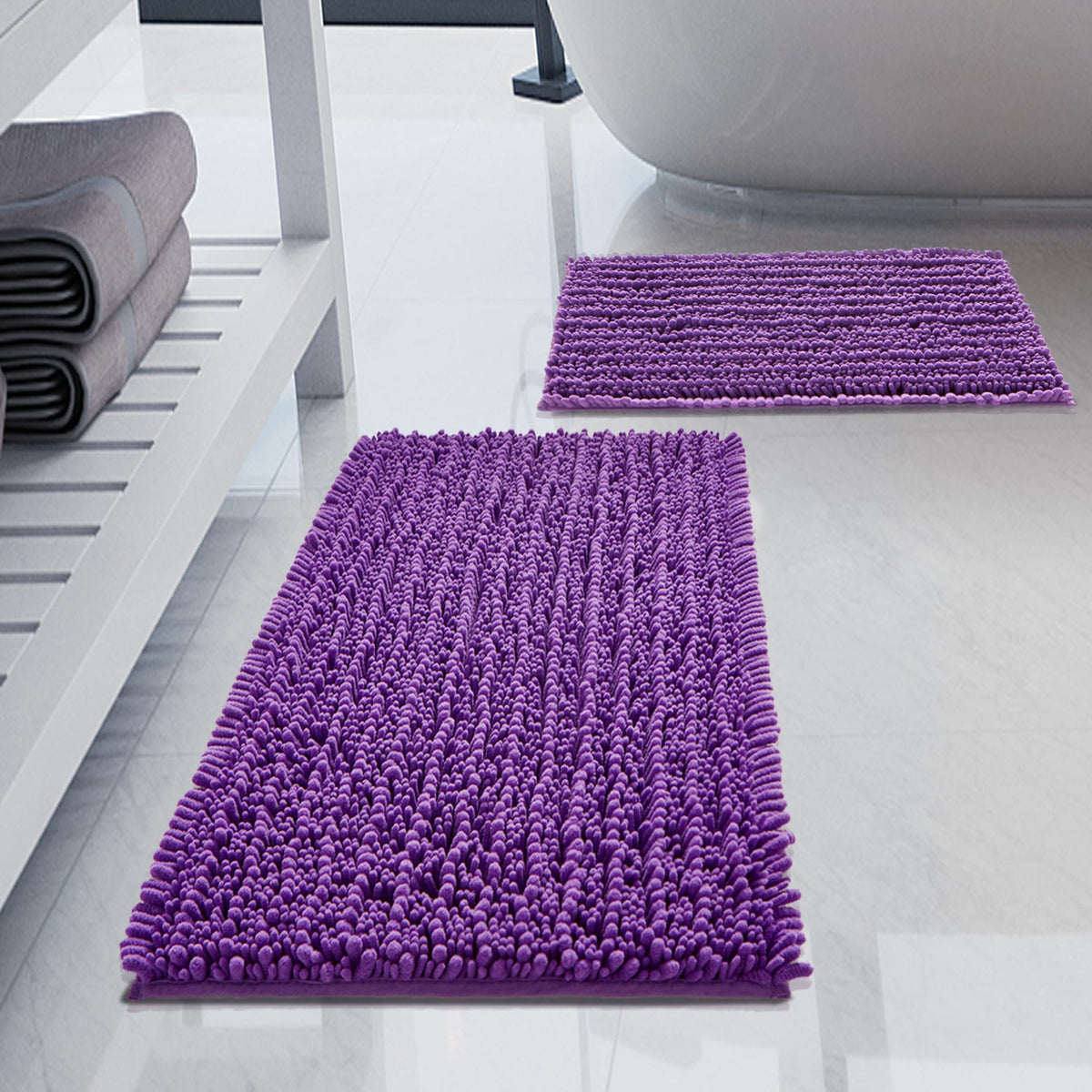 Luxury Chenille White Bathroom Rugs Sets 2 Piece, Thickened Hot Melt Rubber Bottom Bath Mats for Bathroom Non Slip,Bath Rugs Quick Dry Machine Washable for Shower Mat (32"x20"+17"x24")