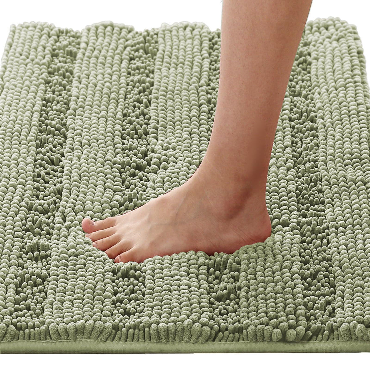 H.VERSAILTEX Bath Rugs for Bathroom Non Slip Bath Mats Extra Thick Chenille Striped Rug 20" x 32" Absorbent Non Skid Fluffy Soft Shaggy Washable Dry Fast Plush Mat for Indoor, Bath Room, Tub - Sage