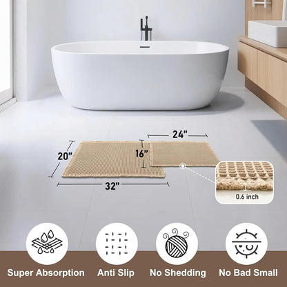 JIUZHEN Set of 2 Waffle Bath Mats Boho Bath Rugs 16"x24"+20"x32", Brown