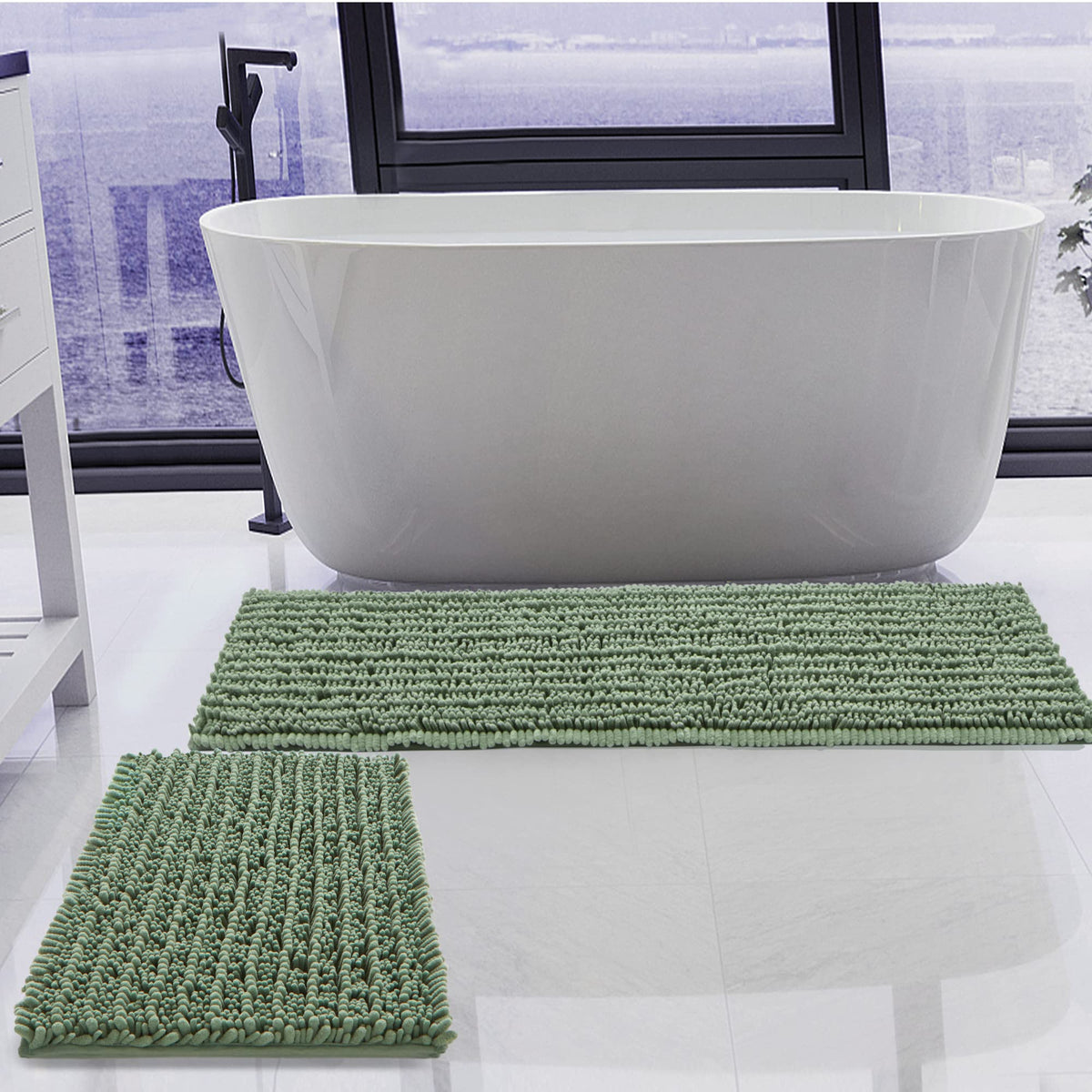 Luxury Chenille White Bathroom Rugs Sets 2 Piece, Thickened Hot Melt Rubber Bottom Bath Mats for Bathroom Non Slip,Bath Rugs Quick Dry Machine Washable for Shower Mat (32"x20"+17"x24")