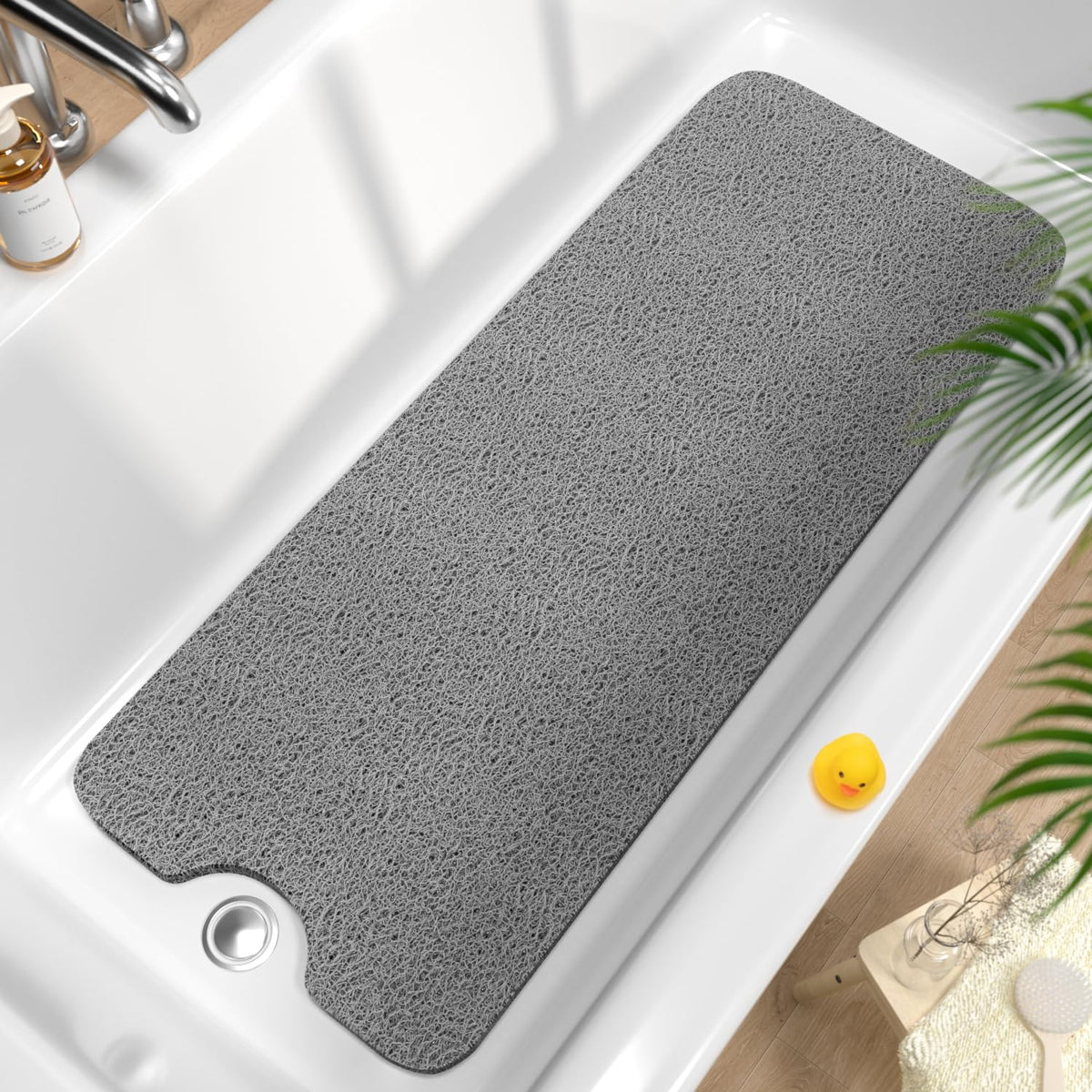 HITSLAM Non Slip Bathtub Mat 40 x 16 Inch, Extra Long Bath Mat for Tub, Soft PVC Loofah Shower Floor Mat with Drain, Quick Drying Bathroom Tub Mat for Wet Area, Without Suction Cup, Grey