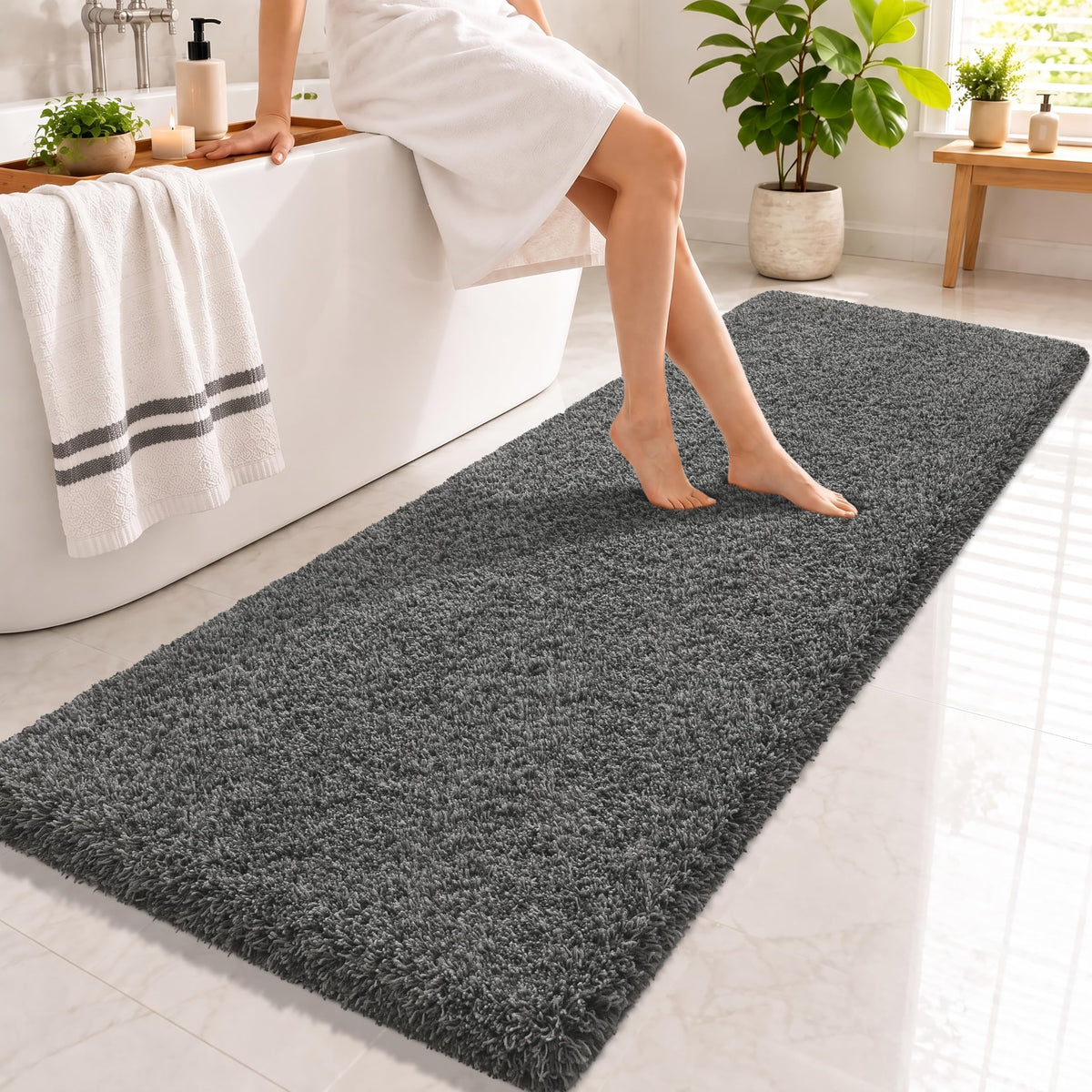 Yimobra Bathroom Rugs Non Slip Washable, Ultra Soft and Water Absorbent Bath Mats, Fluffy Shower Mat Outside, Plush Matts for Bathroom Floor/Sink, 24X17, Home Decor Accessories, Light Gray and White