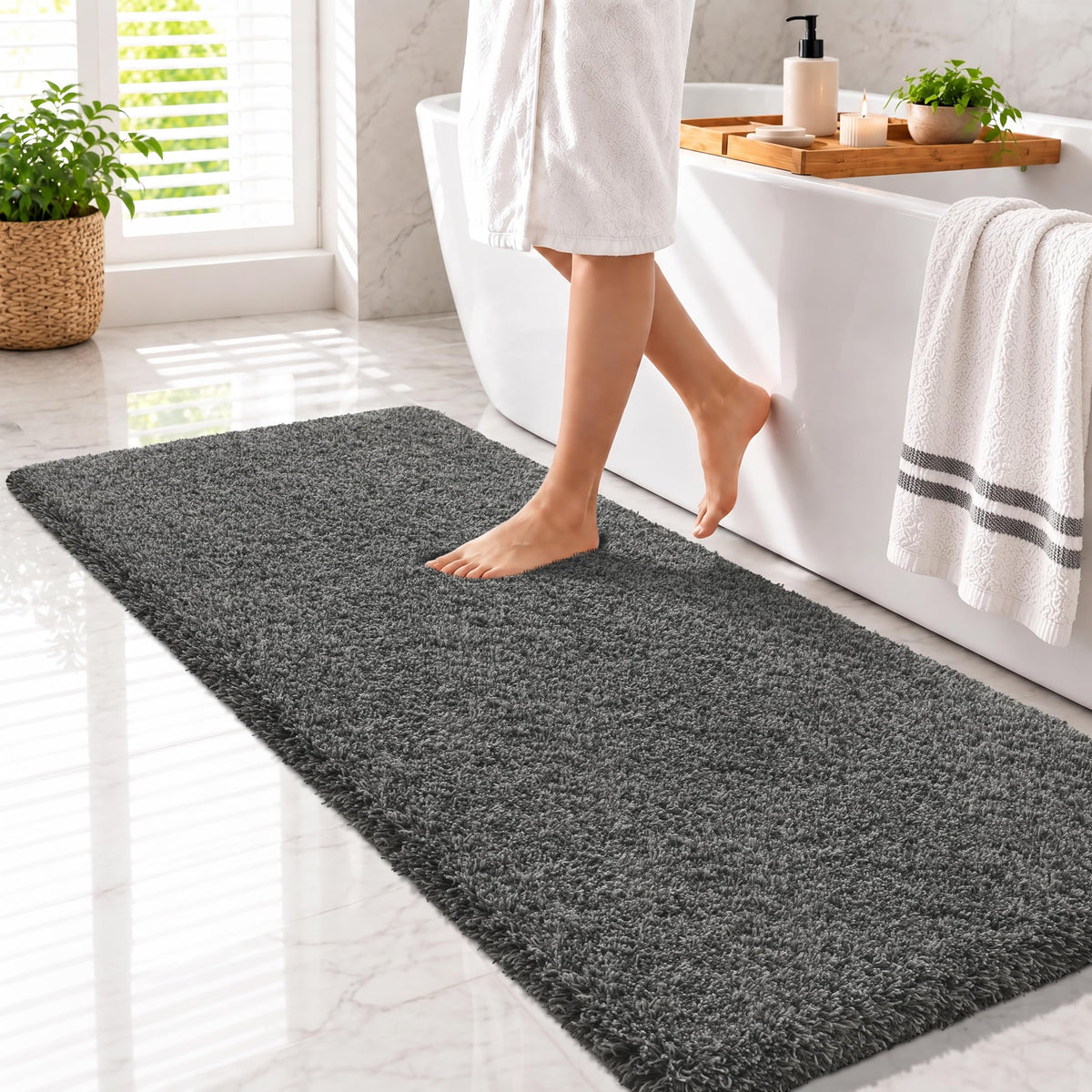 Yimobra Bathroom Rugs Non Slip Washable, Ultra Soft and Water Absorbent Bath Mats, Fluffy Shower Mat Outside, Plush Matts for Bathroom Floor/Sink, 24X17, Home Decor Accessories, Light Gray and White