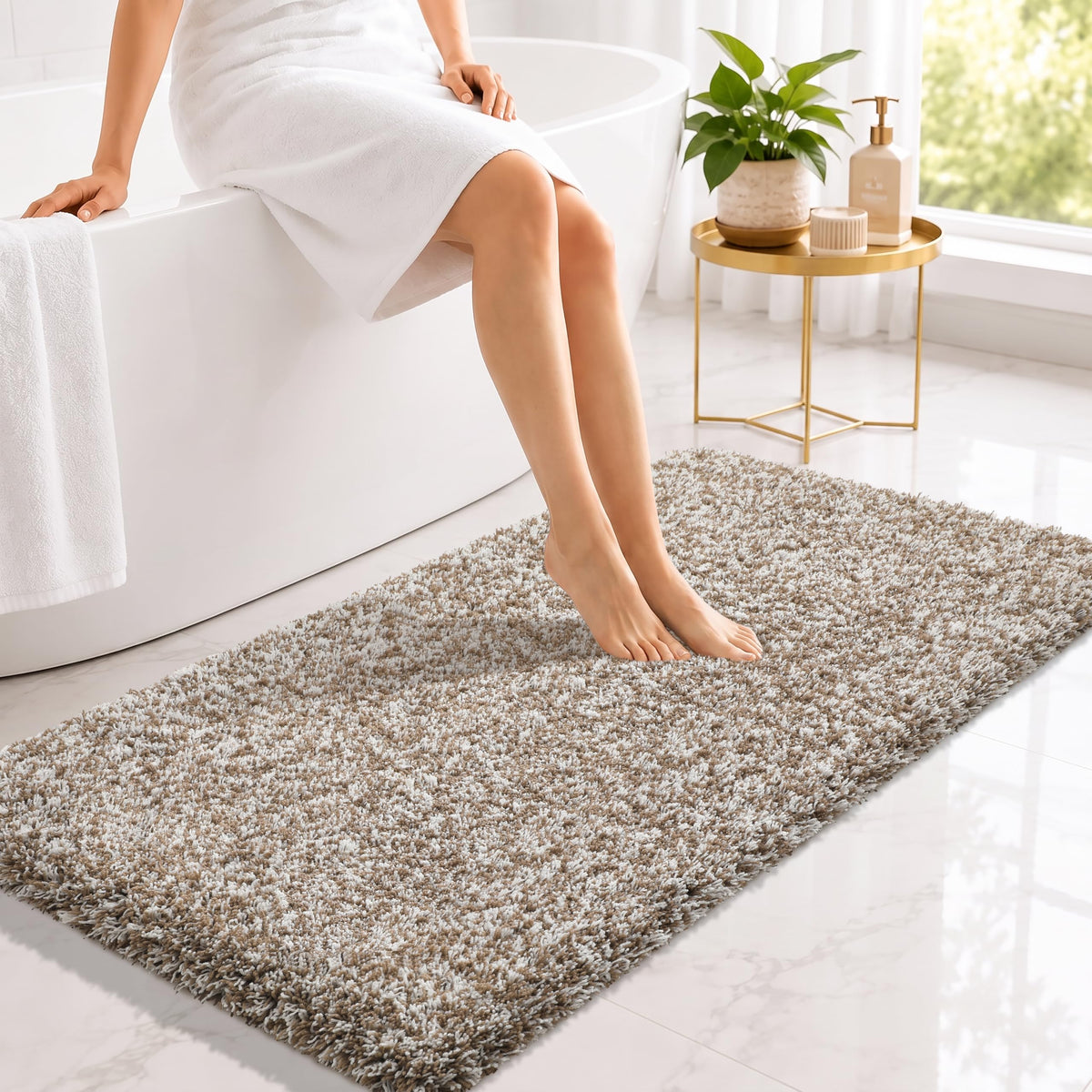 Yimobra Bathroom Rugs Non Slip Washable, Ultra Soft and Water Absorbent Bath Mats, Fluffy Shower Mat Outside, Plush Matts for Bathroom Floor/Sink, 24X17, Home Decor Accessories, Light Gray and White
