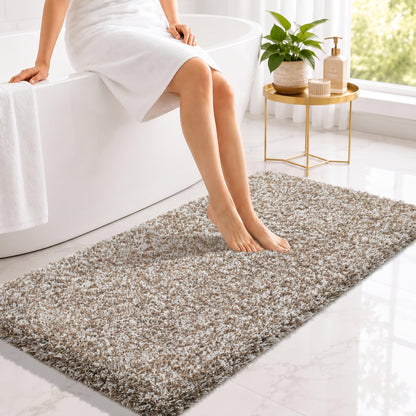 Yimobra Bathroom Rugs Non Slip Washable, Ultra Soft and Water Absorbent Bath Mats, Fluffy Shower Mat Outside, Plush Matts for Bathroom Floor/Sink, 24X17, Home Decor Accessories, Light Gray and White