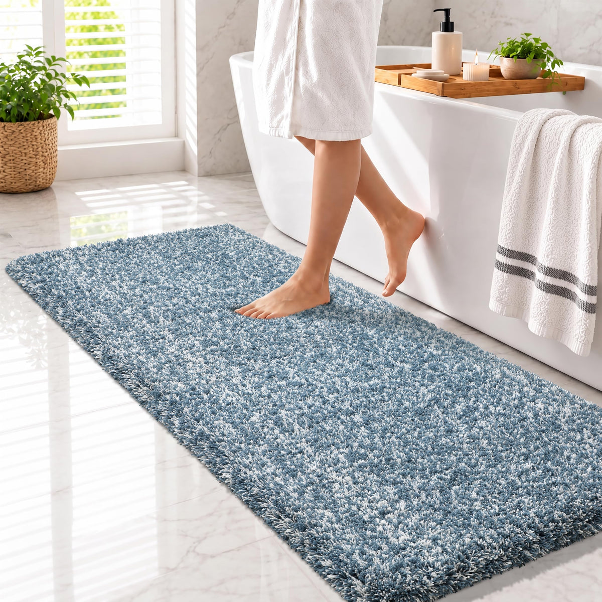 Yimobra Bathroom Rugs Non Slip Washable, Ultra Soft and Water Absorbent Bath Mats, Fluffy Shower Mat Outside, Plush Matts for Bathroom Floor/Sink, 24X17, Home Decor Accessories, Light Gray and White