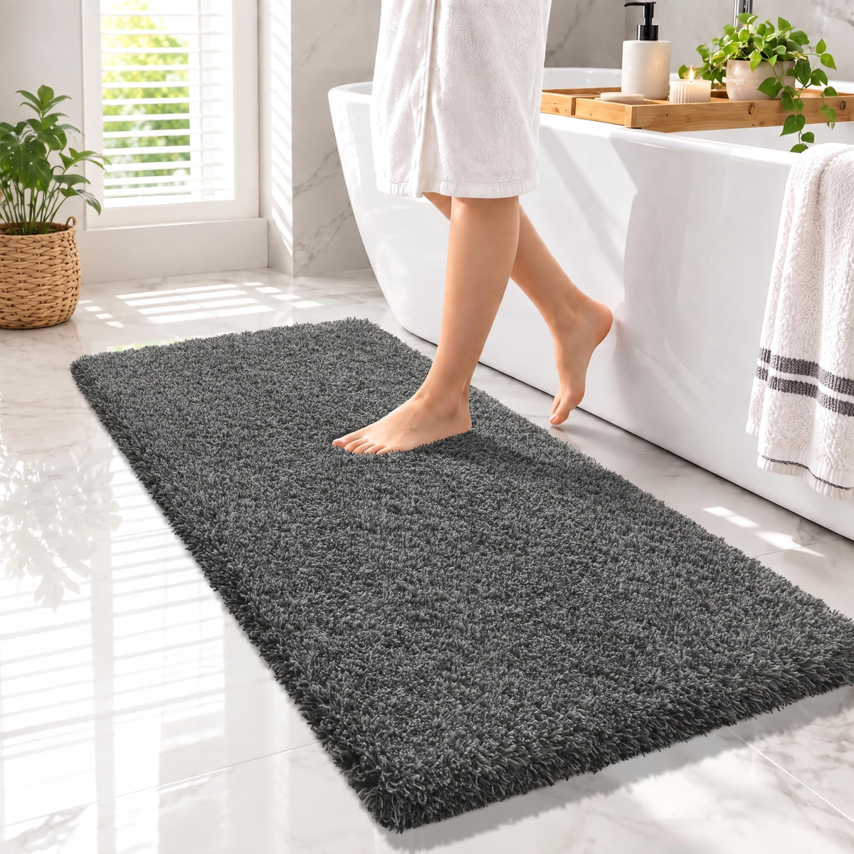 Yimobra Bathroom Rugs Non Slip Washable, Ultra Soft and Water Absorbent Bath Mats, Fluffy Shower Mat Outside, Plush Matts for Bathroom Floor/Sink, 24X17, Home Decor Accessories, Light Gray and White