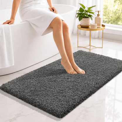 Yimobra Bathroom Rugs Non Slip Washable, Ultra Soft and Water Absorbent Bath Mats, Fluffy Shower Mat Outside, Plush Matts for Bathroom Floor/Sink, 24X17, Home Decor Accessories, Light Gray and White