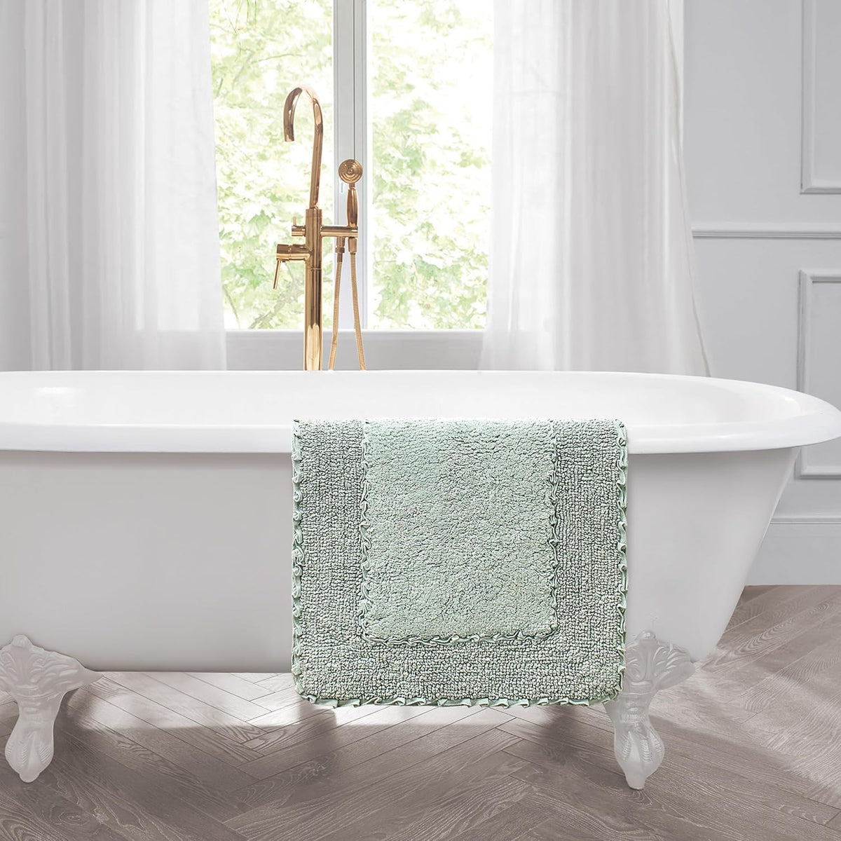 Laura Ashley Ruffle Border 100% Cotton Bath Rug, Sage Green, 17"x 24"