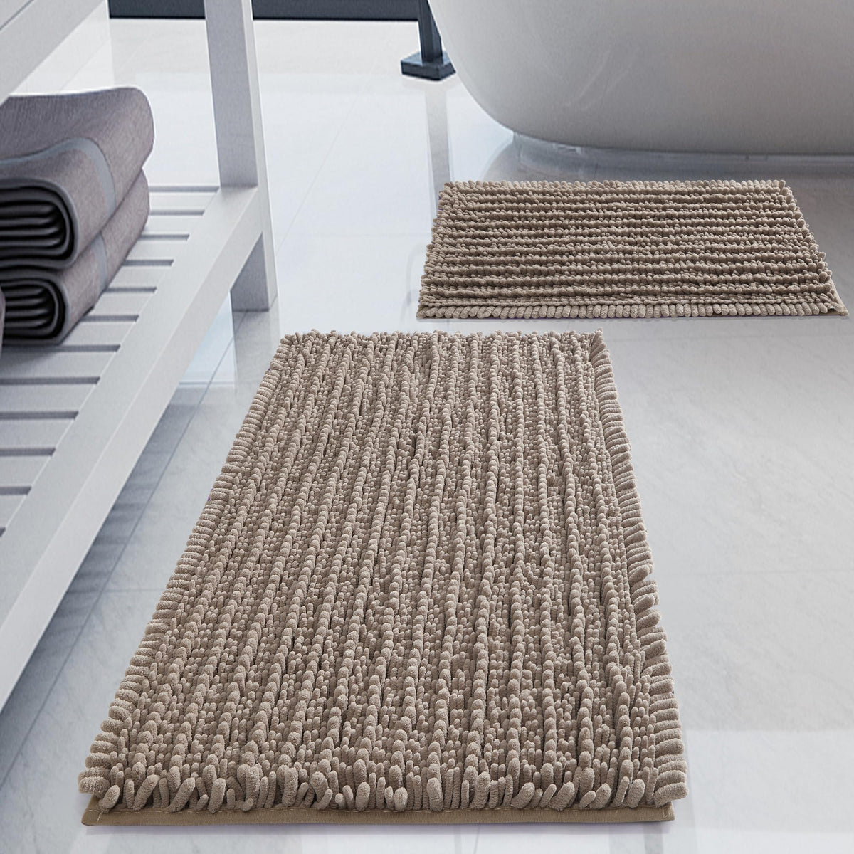 Luxury Chenille White Bathroom Rugs Sets 2 Piece, Thickened Hot Melt Rubber Bottom Bath Mats for Bathroom Non Slip,Bath Rugs Quick Dry Machine Washable for Shower Mat (32"x20"+17"x24")