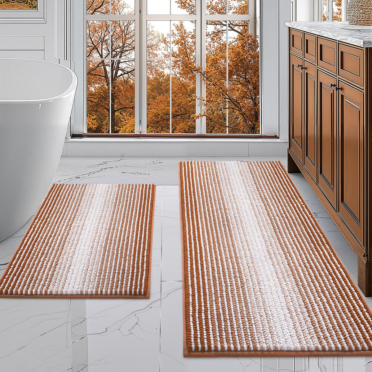 BSICPRO Bathroom Rugs Sets 2 Piece, Non Slip Striped Bath Mats, Sage