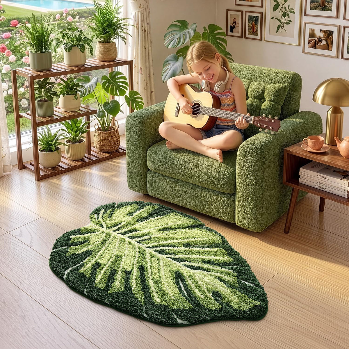 LUMI Bathroom Rug Green Leaf, Absorbent Non Slip Bath Mat, 31.5"x47"