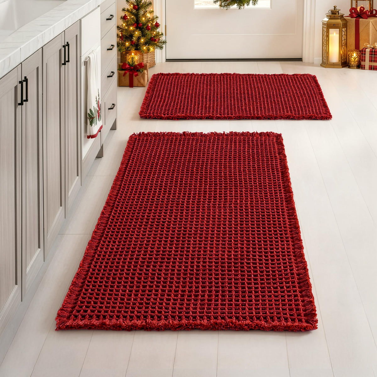 MIULEE Set of 2 Waffle Bathroom Rugs Boho Bath Mat Brown 18x30 Inch
