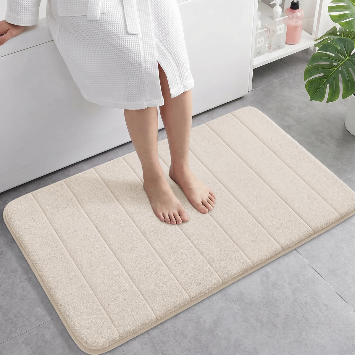 Yimobra Memory Foam Bath Mat, Super Soft Absorbent Bathroom Rug Non Slip, Quick Dry, Machine Washable Floor Carpet for Tub Shower, Home Decor Accessories, 24x17, Cream