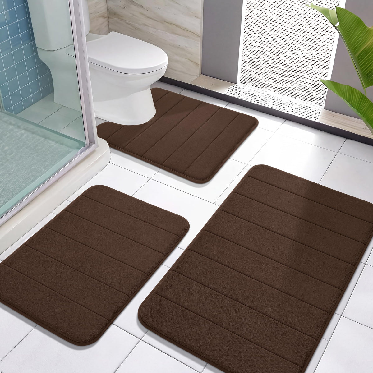 Yimobra Memory Foam Bath Mat Set 3 Pieces- Super Soft Absorbent Quick Dry Bathroom Rug Sets, Machine Washable Non Slip Floor Carpet for Tub Shower, Vanity & Toilet Base, Gray