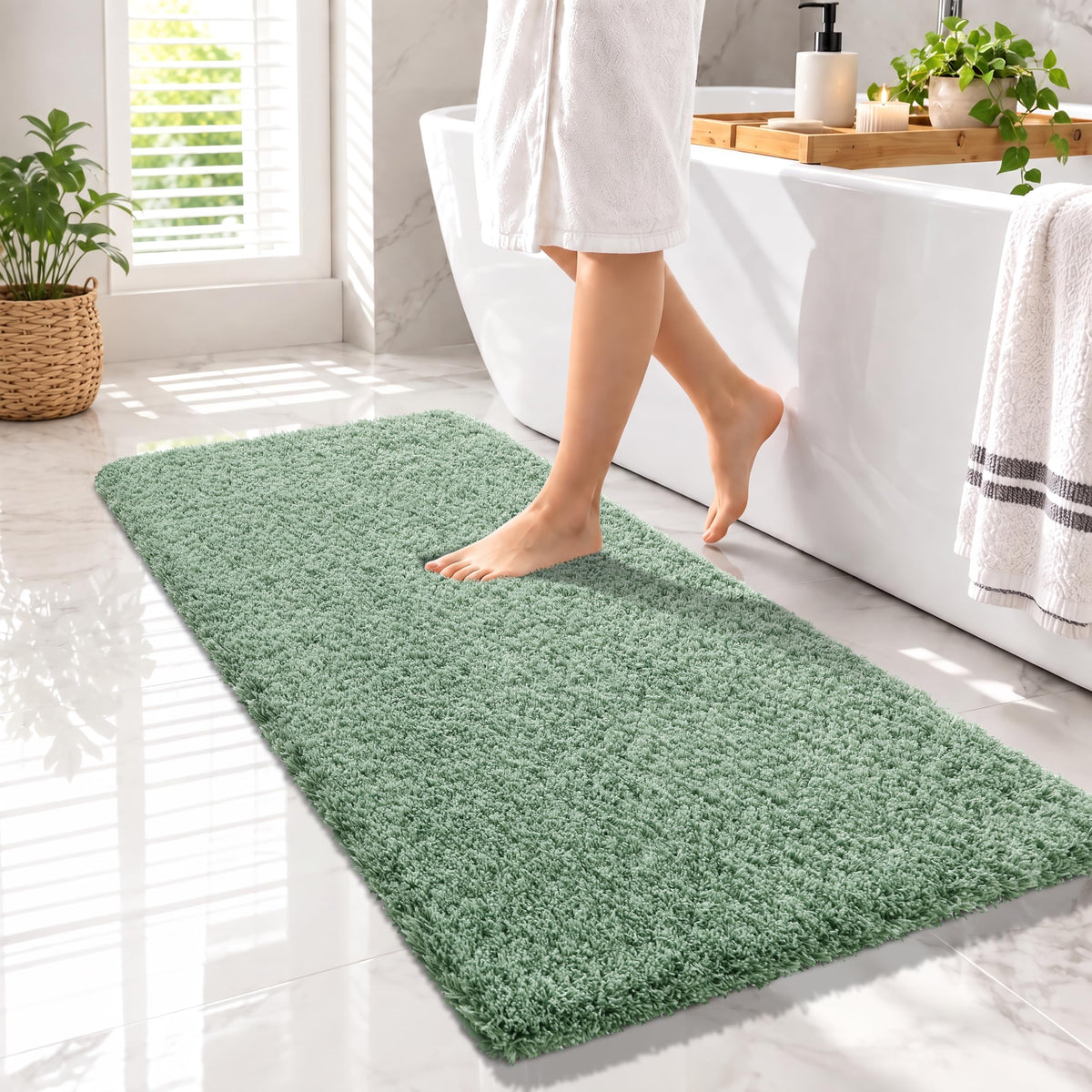 Yimobra Bathroom Rugs Non Slip Washable, Ultra Soft and Water Absorbent Bath Mats, Fluffy Shower Mat Outside, Plush Matts for Bathroom Floor/Sink, 24X17, Home Decor Accessories, Light Gray and White