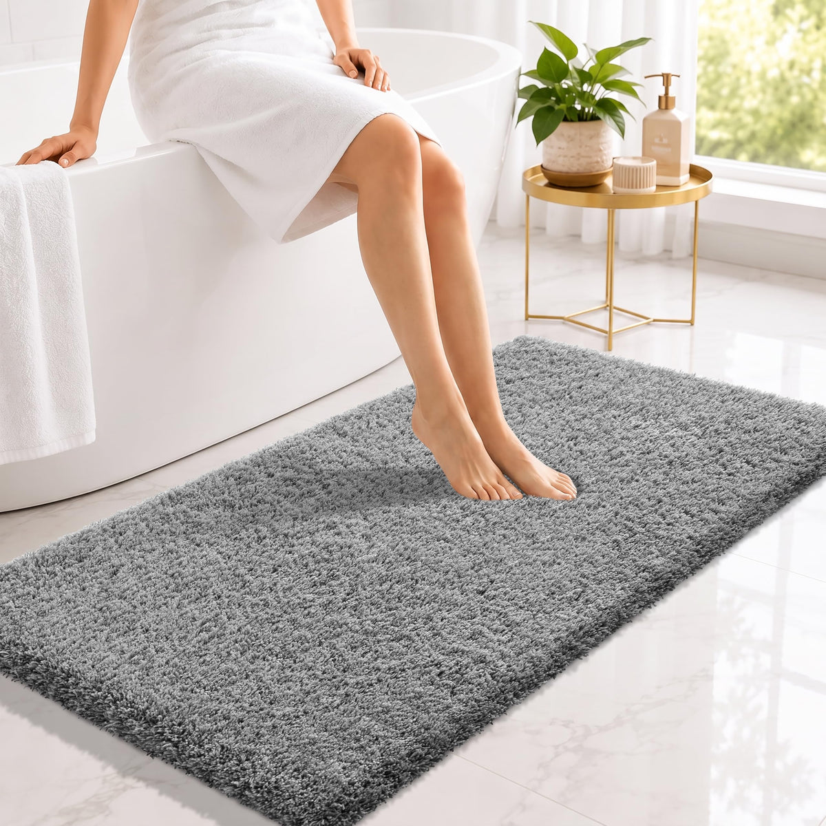 Yimobra Bathroom Rugs Non Slip Washable, Ultra Soft and Water Absorbent Bath Mats, Fluffy Shower Mat Outside, Plush Matts for Bathroom Floor/Sink, 24X17, Home Decor Accessories, Light Gray and White