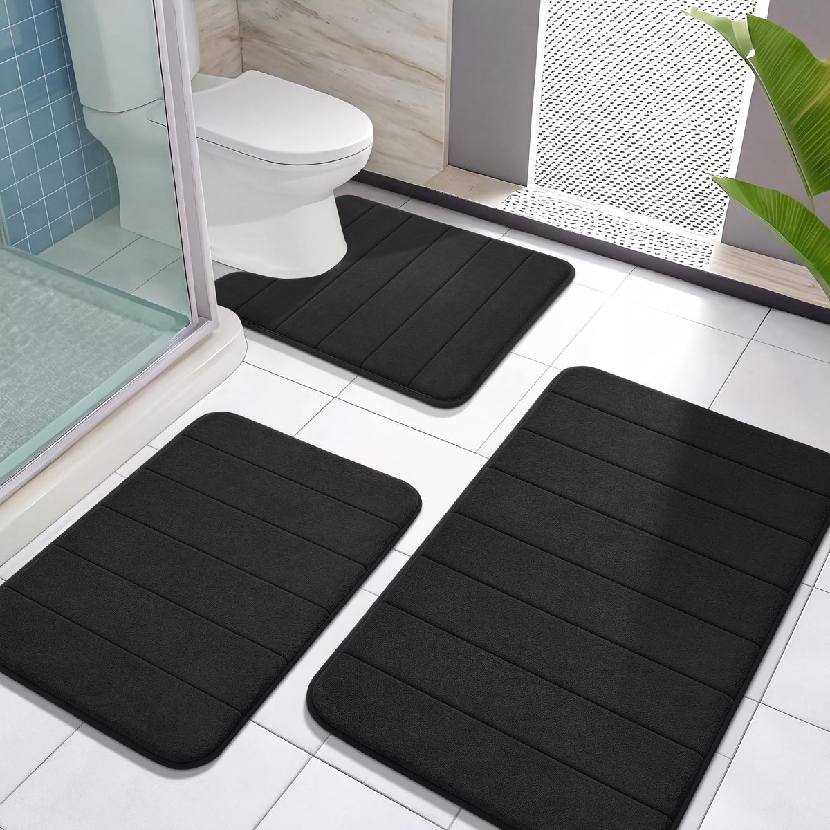 Yimobra Memory Foam Bath Mat Set 3 Pieces- Super Soft Absorbent Quick Dry Bathroom Rug Sets, Machine Washable Non Slip Floor Carpet for Tub Shower, Vanity & Toilet Base, Gray