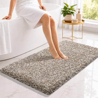 Yimobra Bathroom Rugs Non Slip Washable, Ultra Soft and Water Absorbent Bath Mats, Fluffy Shower Mat Outside, Plush Matts for Bathroom Floor/Sink, 24X17, Home Decor Accessories, Light Gray and White