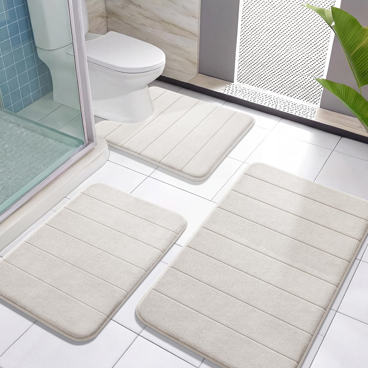 Yimobra Memory Foam Bath Mat Set 3 Pieces- Super Soft Absorbent Quick Dry Bathroom Rug Sets, Machine Washable Non Slip Floor Carpet for Tub Shower, Vanity & Toilet Base, Gray